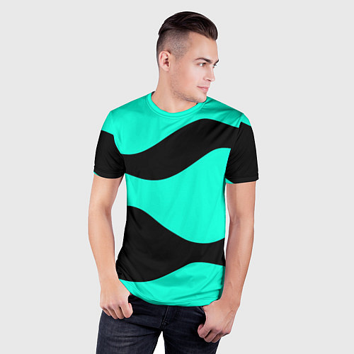 Мужская спорт-футболка Бирюзовый в чёрные волнистые полосы абстракция / 3D-принт – фото 3