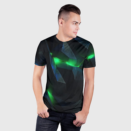 Мужская спорт-футболка Объемная геометрическая зеленая неоновая абстракци / 3D-принт – фото 3