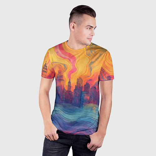 Мужская спорт-футболка Абстрактный город в волнах красок / 3D-принт – фото 3