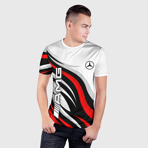 Мужская спорт-футболка Mercedes benz AMG - белый с красным / 3D-принт – фото 3