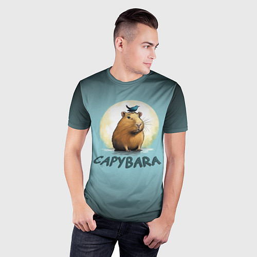 Мужская спорт-футболка Капибара с птичкой на голове / 3D-принт – фото 3