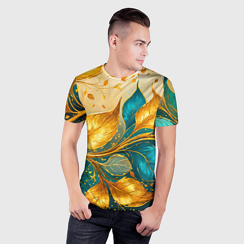 Мужская спорт-футболка Листья абстрактные золото и бирюза / 3D-принт – фото 3