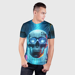 Футболка спортивная мужская Cyber skull - neon glow ai art, цвет: 3D-принт — фото 2