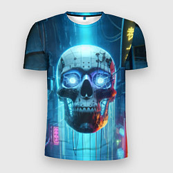 Футболка спортивная мужская Cyber skull - neon glow ai art, цвет: 3D-принт