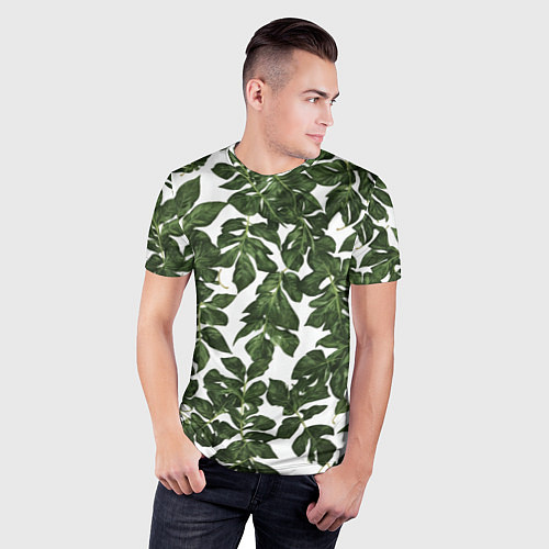 Мужская спорт-футболка Зеленые листочки на белом фоне / 3D-принт – фото 3