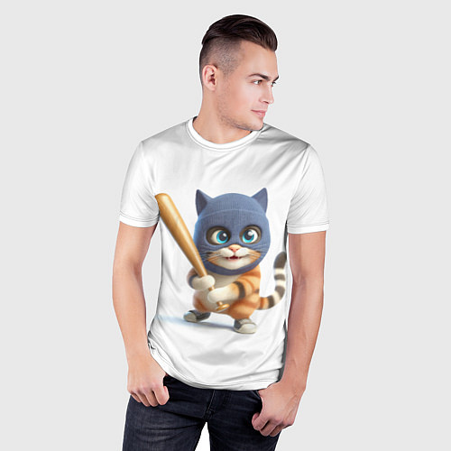 Мужская спорт-футболка Прикольный котёнок с бейсбольной битой и в балакла / 3D-принт – фото 3