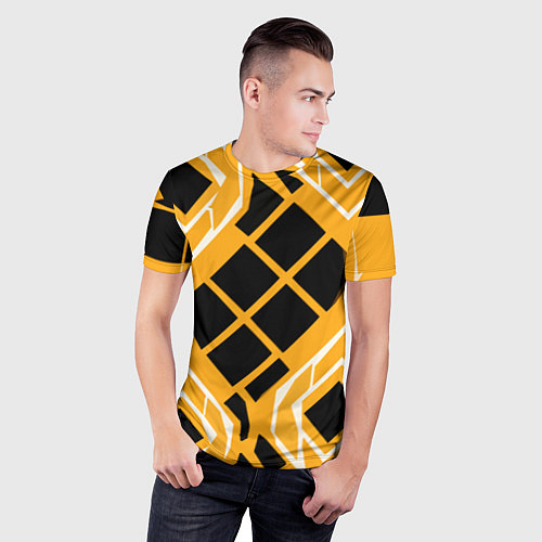 Мужская спорт-футболка Чёрные квадраты и белые полосы на оранжевом фоне / 3D-принт – фото 3
