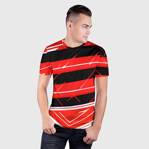 Мужская спорт-футболка Чёрно-белые полосы на красном фоне / 3D-принт – фото 3