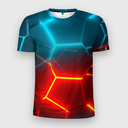 Мужская спорт-футболка Голубые и красные неоновые плиты в разломе