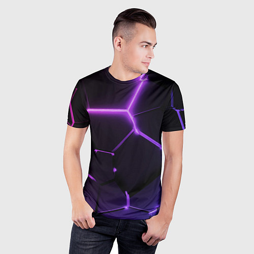 Мужская спорт-футболка Темные фиолетовые неоновые плиты в разломе / 3D-принт – фото 3
