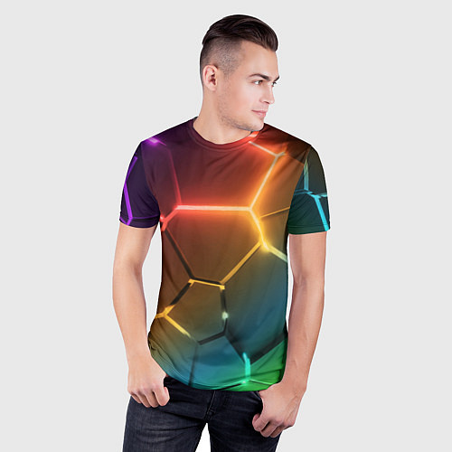 Мужская спорт-футболка Радужные неоновые плиты в разломе / 3D-принт – фото 3