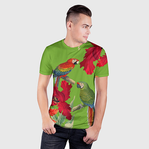 Мужская спорт-футболка Попугаи среди цветов / 3D-принт – фото 3