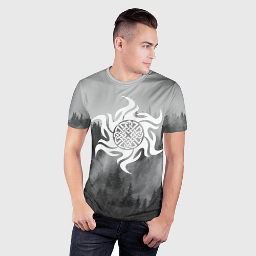 Мужская спорт-футболка Славянский символ - оберег и лес в тумане / 3D-принт – фото 3