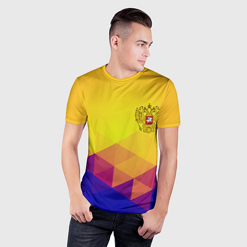 Мужская спорт-футболка Желтая геометрия - спорт Россия с гербом / 3D-принт – фото 3