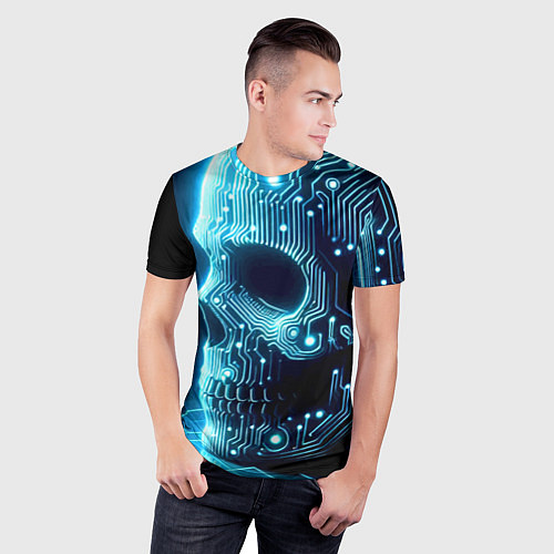 Мужская спорт-футболка Cyber neon skull - ai art с дорожками на плате / 3D-принт – фото 3