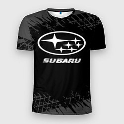 Футболка спортивная мужская Subaru speed на темном фоне со следами шин, цвет: 3D-принт
