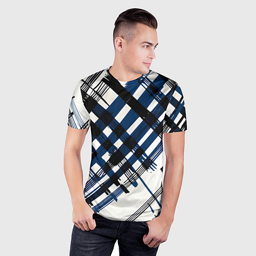 Мужская спорт-футболка Косая клетка бело-синяя / 3D-принт – фото 3