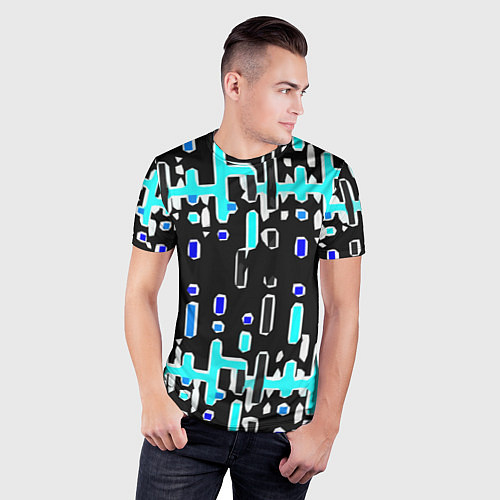 Мужская спорт-футболка Синие линии и точки на чёрном фоне / 3D-принт – фото 3