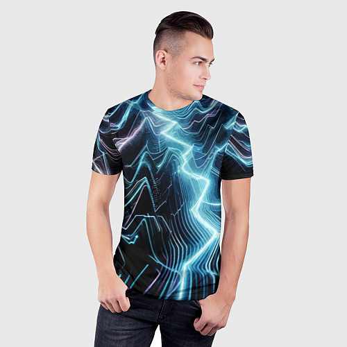 Мужская спорт-футболка Разряд молнии - неоновое свечение / 3D-принт – фото 3