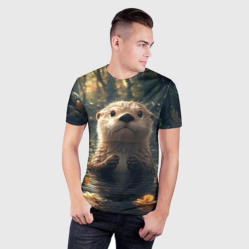 Мужская спорт-футболка Выдра в летнем пруду / 3D-принт – фото 3