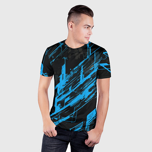 Мужская спорт-футболка Blue stripes on a black background / 3D-принт – фото 3