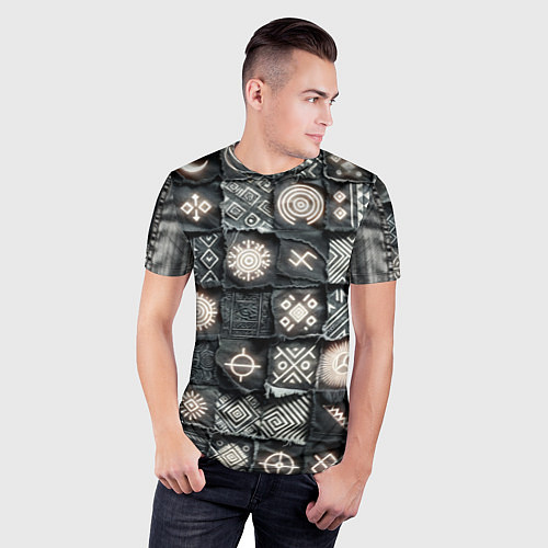 Мужская спорт-футболка Африканские знаки на пэчворк дениме / 3D-принт – фото 3