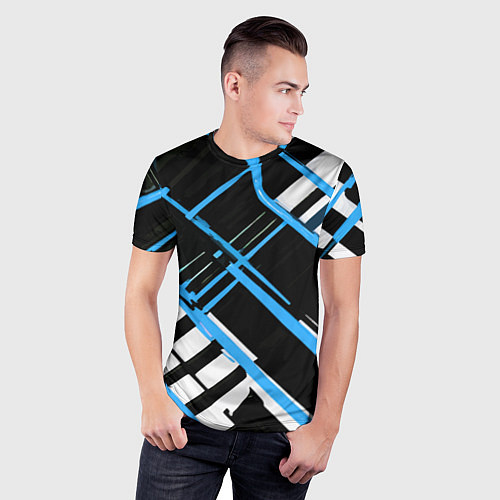 Мужская спорт-футболка Сине-белые линии на чёрном фоне / 3D-принт – фото 3