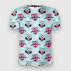 Мужская спорт-футболка Новогодний паттерн с милыми совами и снежинками