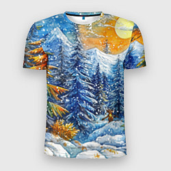 Мужская спорт-футболка Новогодние елки в лесу масляные краски