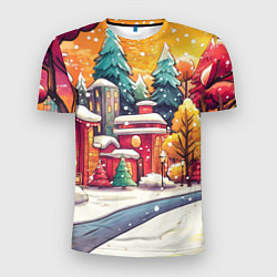 Мужская спорт-футболка Новогодний город в оранжевых оттенках