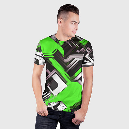 Мужская спорт-футболка Бело-зелёный техно паттерн на чёрном фоне / 3D-принт – фото 3
