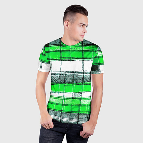 Мужская спорт-футболка Чёрные полосы на зелёном-белом фоне / 3D-принт – фото 3