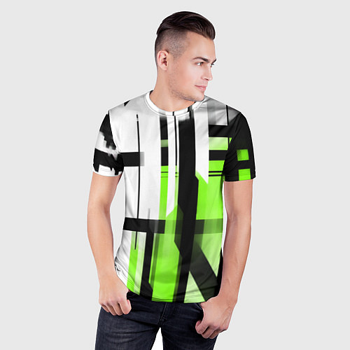 Мужская спорт-футболка Чёрно-зелёные вертикальные и горизонтальные полосы / 3D-принт – фото 3
