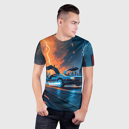 Мужская спорт-футболка Автомобиль и ночные молнии / 3D-принт – фото 3