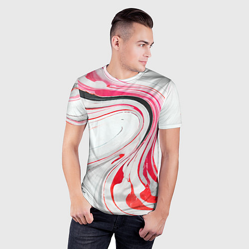 Мужская спорт-футболка Волнистые чёрно-красные линии на белом фоне / 3D-принт – фото 3