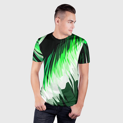 Мужская спорт-футболка Зелёно-белая абстракция на чёрном фоне / 3D-принт – фото 3