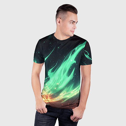Мужская спорт-футболка Зеленое абстрактное пламя / 3D-принт – фото 3