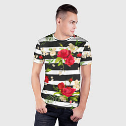 Футболка спортивная мужская Красные розы на черных полосках, цвет: 3D-принт — фото 2