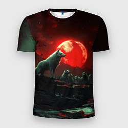Футболка спортивная мужская Белый волк на фоне красной луны, цвет: 3D-принт