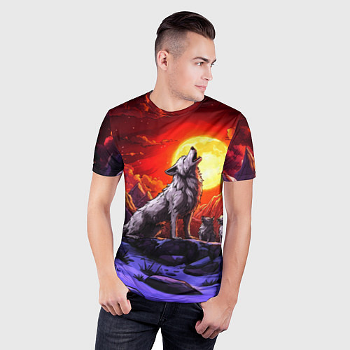 Мужская спорт-футболка Белый волк воет на луну / 3D-принт – фото 3