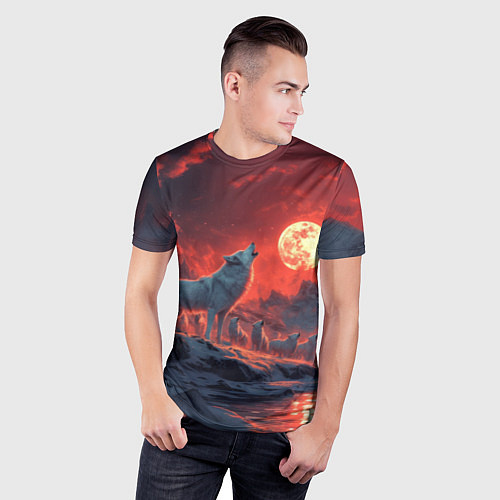 Мужская спорт-футболка Белый волк воет на луну / 3D-принт – фото 3