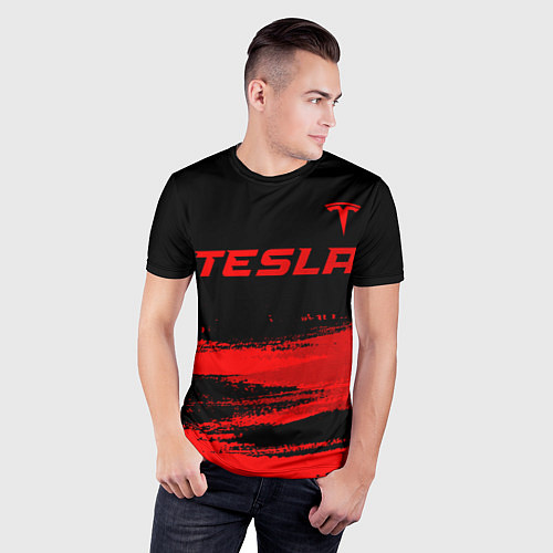 Мужская спорт-футболка Tesla - red gradient посередине / 3D-принт – фото 3