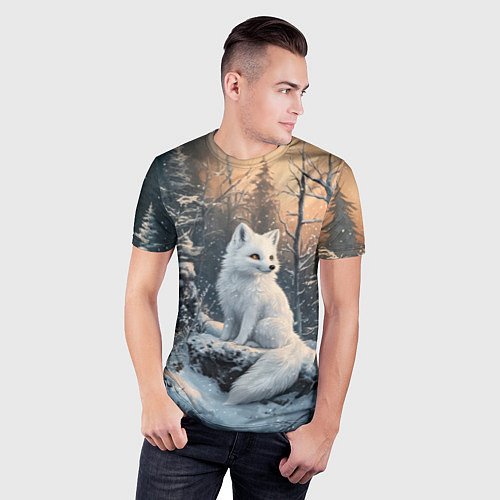 Мужская спорт-футболка Белый лисенок в зимнем лесу / 3D-принт – фото 3