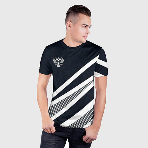 Мужская спорт-футболка Герб России тёмно-синий с белым / 3D-принт – фото 3