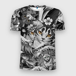 Мужская спорт-футболка С котами и рыбой на фоне сакуры в волнах