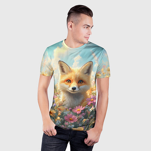 Мужская спорт-футболка Лиса в цветочном поле / 3D-принт – фото 3