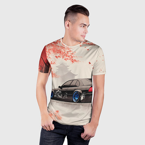 Мужская спорт-футболка Черная БМВ и сакура / 3D-принт – фото 3