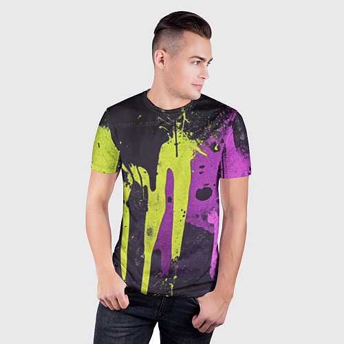 Мужская спорт-футболка Желтая и фиолетовая краска на черном / 3D-принт – фото 3