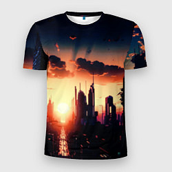 Футболка спортивная мужская Пейзаж город будущего закат, цвет: 3D-принт
