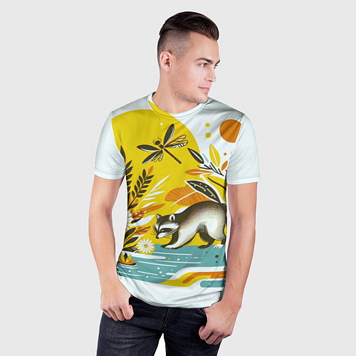 Мужская спорт-футболка Енот у реки любуется цветами / 3D-принт – фото 3